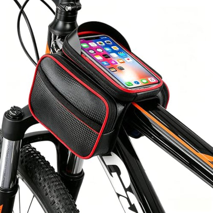 Bicycle Front Frame Bag with Touchscreen Phone Holder, Waterproof, Carbon Patterned Fabric, Top Tube Cycling Pouch(Upgrade Red) - color: Upgrade Red