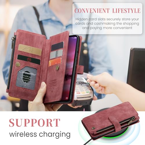 Samsung Galaxy S24 5G Wallet Case with Card Holder Kickstand Magnetic Zipper Pocket Lanyard Strap Wristlet,Leather Flip Case Wallet for Samsung Galaxy S24 5G 6.2 Inch(Red) - color: Red, size: S24 5G 6.2 Inch