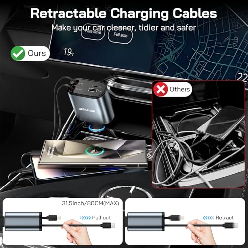 [2 Pack] Retractable Car Charger, 4 in 1 Fast Car Phone Charger Adapter 69W - size: 2 Pack C + L Retractable Cords