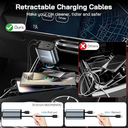 [2 Pack] Retractable Car Charger, 4 in 1 Fast Car Phone Charger Adapter 69W - size: 2 Pack C + L Retractable Cords