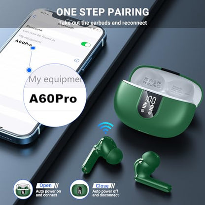 Wireless Earbuds,2024 Wireless Headphones HiFi Stereo Earphones with 4 ENC Noise Canceling Mic, 42Hs Playtime In Ear Earbud,Bluetooth 5.3 Sport Earphones with LED Power Display for Android iOS Green - color: Green