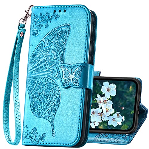 for iPhone 13 Pro Case Wallet for Women,Blue | Flip Folio Butterfly Embossed PU Leather Stand Credit Card Holder Slots Magnetic Wrist Strap Phone Cover - color: Blue