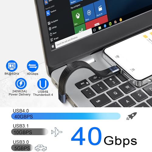 QIANRENON 240W USB4.0 C Male to 90° Angle Type C Male PD Fast Charging Short Cable 40Gbps USB Type C 4.0 Flat Soft Data Cable, for Thunderbolt 3/4 Power Bank Smartphone, 13cm/5.1in (Positive Bend)