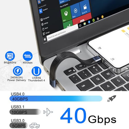 QIANRENON 240W USB4.0 C Male to 90° Angle Type C Male PD Fast Charging Short Cable 40Gbps USB Type C 4.0 Flat Soft Data Cable, for Thunderbolt 3/4 Power Bank Smartphone, 13cm/5.1in (Positive Bend)