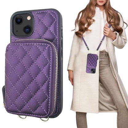 Bocasal Crossbody Wallet Case Card Holder for iPhone 13, Dark Purple | RFID Blocking PU Leather Zipper Handbag Purse, Kickstand Flip Folio Case with Card Slots Holder Wrist Strap Lanyard 6.1 Inch - color: Dark Purple