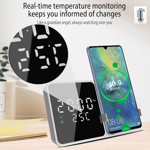 Multi-Function Wireless Charging Station with Digital Clock & Thermometer, 15W Fast Qi-Certified Charger, Alarm Clock, Fixed Stand Compatible with All Qi-Enabled Phones-W5 White - color: Multi Functional Alarm Clock W5 White