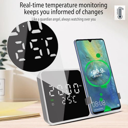 Multi-Function Wireless Charging Station with Digital Clock & Thermometer, 15W Fast Qi-Certified Charger, Alarm Clock, Fixed Stand Compatible with All Qi-Enabled Phones-W5 White - color: Multi Functional Alarm Clock W5 White