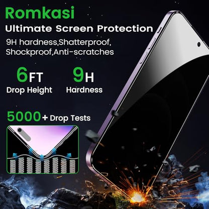 Romkasi 3 Pack Privacy Screen Protector for iPhone 14 Pro Max 6.7 Inch with 3 Pack Camera Lens Protector, Anti Spy Tempered Glass Film, Anti-Scratch, Touch Sensitive, Case Friendly - color: iPhone 14 Pro Max