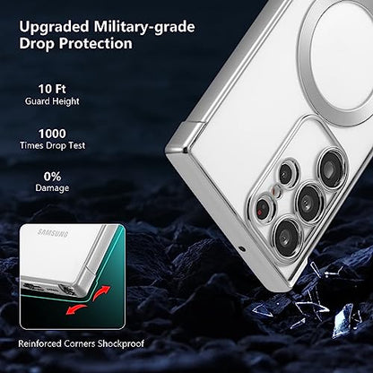 RALEAVO Magnetic Case for Samsung Galaxy S24 Ultra Clear Case Cover [Compatible with Magsafe & Military Grade Drop Protection] Transparent Shockproof Slim Plated Phone Cover - Silver - color: Silver, size: S24 Ultra