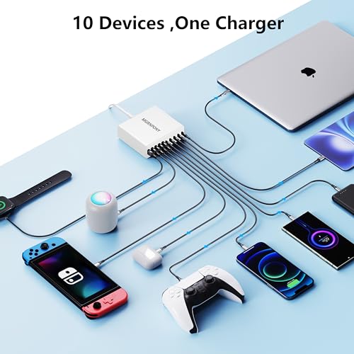 320W USB C Charger Block, MGRNPONY 10-Port GaN USB C Charging Station White - color: White