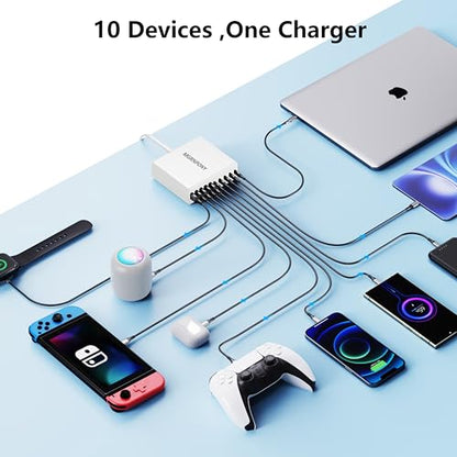 320W USB C Charger Block, MGRNPONY 10-Port GaN USB C Charging Station White - color: White