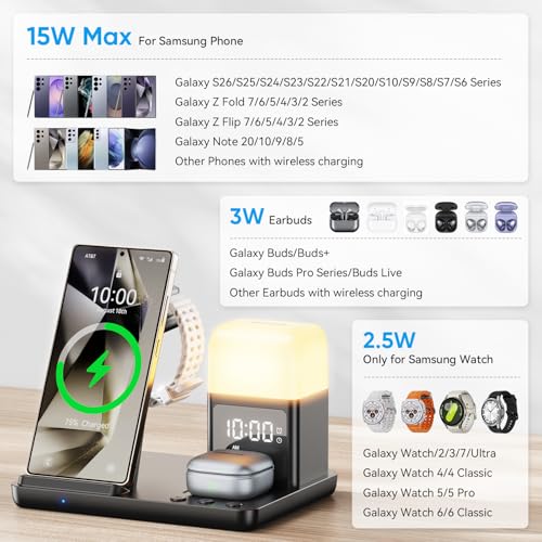 6 in 1 Wireless Charging Station for Samsung Android with Clock & Night Light,Wireless Charger Beside Clock for Galaxy S26 Ultra S25 S24,Galaxy Watch 8/7 Buds 4/3 Pro,Not for Watch 9/Ultra 2 - color: Black