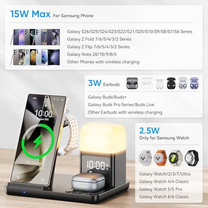6 in 1 Wireless Charging Station for Samsung Android with Clock & Night Light,Wireless Charger Beside Clock for Galaxy S26 Ultra S25 S24,Galaxy Watch 8/7 Buds 4/3 Pro,Not for Watch 9/Ultra 2 - color: Black