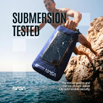 NASA Small Dry Bag with Integrated Waterproof Phone Pouch (Floating, IP68) | Full Phone Screen Control | Floats When Sealed | Detachable Shoulder Strap | Fully Submersible | Fits Phone, Keys & Cash - color: Blue