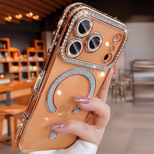 MIFEDUCT Glitter Diamond Magnetic Case for iPhone 17 Pro Clear Support Wireless Charging 17 Pro Case Women Girls Cute Bling Luxury Sparkle Plating Soft TPU Shockproof Protective Cover 6.3", Orange - color: Orange, size: For iPhone 17 Pro 6.3"