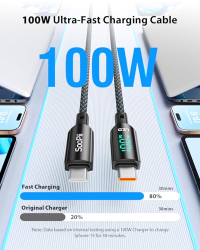 SOOPII 4-Pack 100W Short USB C to USB C Cable with LED Display, 0.7Ft PD Fast Charging Nylon Braided Cord, Compatible with Phone,Tablet,Laptop,Ideal for Charging Station and Power Bank(Black) - size: 4P(100W+LED)