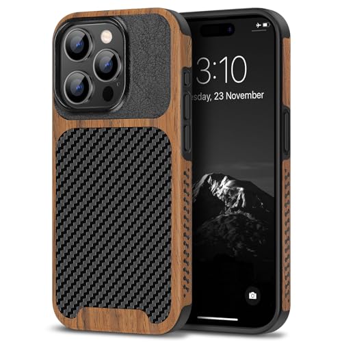 TENDLIN Compatible with iPhone 15 Pro Max Case Wood Grain with Carbon Fiber Texture Design Leather Hybrid Slim Case (Black) - color: Black, size: iPhone 15 Pro Max