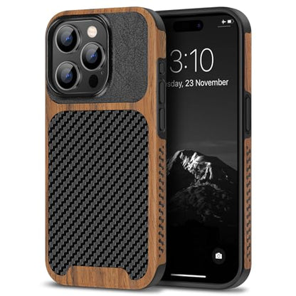 TENDLIN Compatible with iPhone 15 Pro Max Case Wood Grain with Carbon Fiber Texture Design Leather Hybrid Slim Case (Black) - color: Black, size: iPhone 15 Pro Max