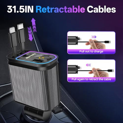 Retractable Car Charger, 4-in-1 Fast Charger with USB-C & USB-A - color: Purple Starry Sky Light