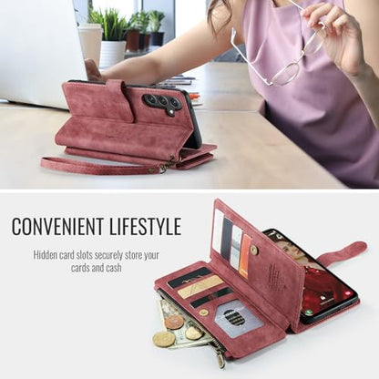 Samsung Galaxy S24 FE 5G Wallet Case with Card Holder Kickstand Magnetic Zipper Pocket Lanyard Strap Wristlet,Leather Flip Case Wallet for Samsung Galaxy S24 FE 6.7 Inch(Red) - color: Red, size: S24 FE 5G 6.7 Inch