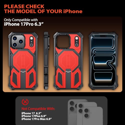 for iPhone 17 Pro Max Case with Kickstand, [15FT Military-Grade Drop Protection] [Compatible with MagSafe] Rugged Shockproof Heavy Duty Magnetic iPhone 17 Pro Max Phone Case Cover (Red) - color: Red