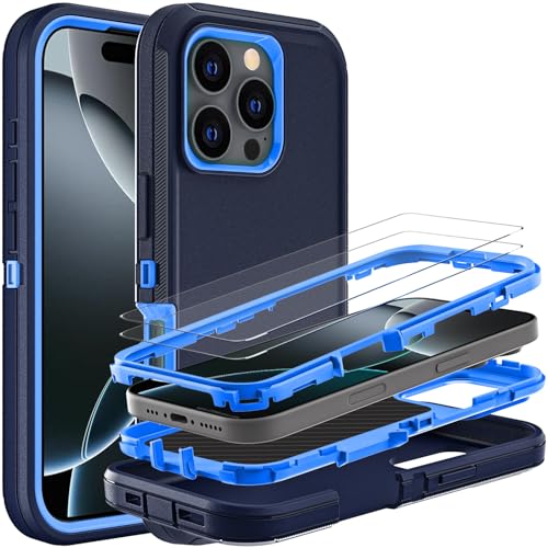 YKHJKLEC for iPhone 16 Pro Case, Military Grade 3 in 1 Heavy Duty Shockproof/Drop Proof/Dust Proof Case with 2Pcs Tempered Glass Screen Protector (Navy Blue) - color: Navy Blue
