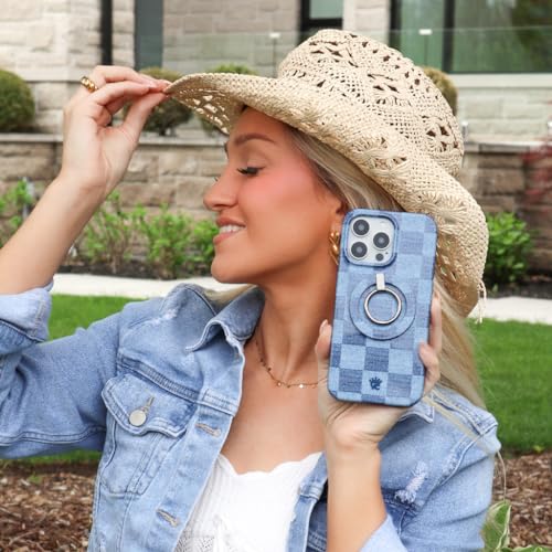 VELVET CAVIAR Compatible with MagSafe Phone Grip - Magnetic Ring Holder with Adjustable Stand - Removable MagSafe Accessories for iPhone 16, 15, 14, 13, 12 (Blue Denim Vibe Checkered) - color: Denim Vibe Checkered