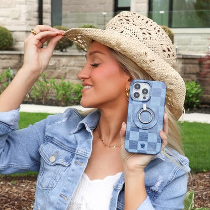 VELVET CAVIAR Compatible with MagSafe Phone Grip - Magnetic Ring Holder with Adjustable Stand - Removable MagSafe Accessories for iPhone 16, 15, 14, 13, 12 (Blue Denim Vibe Checkered) - color: Denim Vibe Checkered
