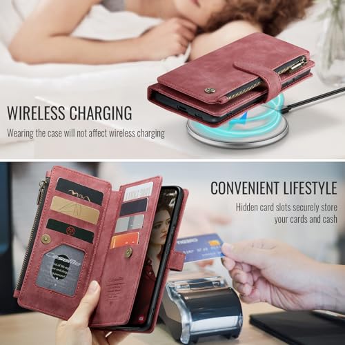 Samsung Galaxy S24 FE 5G Wallet Case with Card Holder Kickstand Magnetic Zipper Pocket Lanyard Strap Wristlet,Leather Flip Case Wallet for Samsung Galaxy S24 FE 6.7 Inch(Red) - color: Red, size: S24 FE 5G 6.7 Inch