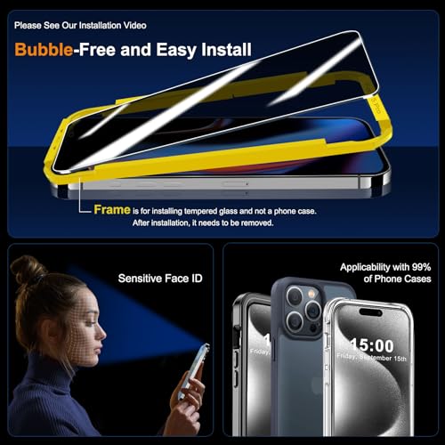 QHOHQ 3 Pack Privacy Screen Protector for iPhone 15 Pro [6.1 Inch] with 3 Pack Camera Lens Protector, Anti Spy Tempered Glass Film, 9H Hardness, HD, Bubble Free, Case Friendly - Black - size: iPhone 15 Pro 6.1 Inch