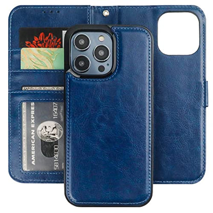 Bocasal Detachable Wallet Case Card Holder for iPhone 14 Pro Max Blue | RFID Blocking Kickstand Card Slots Holder PU Leather Magnetic Shockproof Wrist Strap Removable Flip Protective Cover 6.7 inch - color: Blue