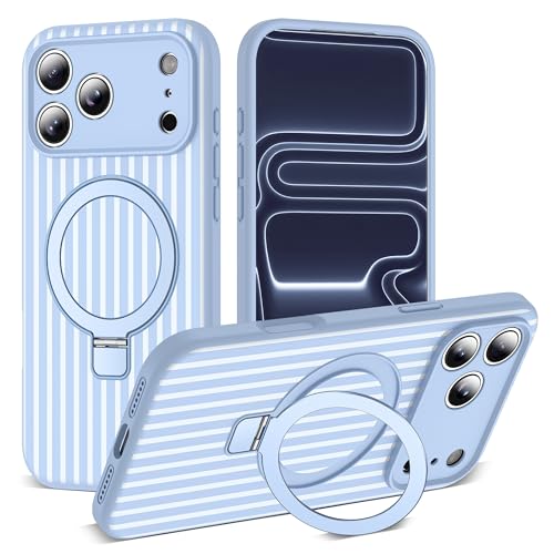 SKYLMW Striped Case for iPhone 17 Pro Max with Stand,6.9" Blue/White | Aesthetic Striped,Magnetic Stand,Compatible with Mag-Safe,Silicone 17 Pro Max Phone Case - color: Blue/White, size: Iphone 17 Pro Max