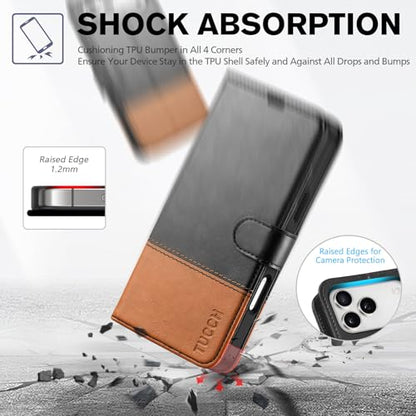 TUCCH Wallet Case for iPhone 17 Pro Max (6.9"), Flip Stand, Black & Brown | RFID Blocking, 4 Card Holders, Kickstand, PU Leather, Shockproof TPU Shell, Magnetic Closure, Protective Folio Cover - color: Two-tone Black & Brown