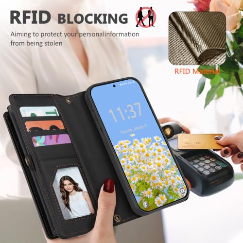 for Samsumg Galaxy S25 Wallet Case, Detachable Magnetic Shockproof Phone Case,Faux Leather Crossbody Wallet,with RFID Blocking，Zipper Card Holder，Shoulder Strap (Black) - color: Black, size: Samsumg Galaxy S25