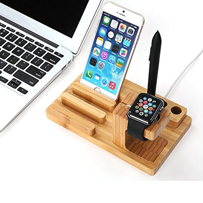 Bamboo Wood Multi-Device Desktop Charging Dock Station Charger Holder Cradle Charge Stand for iPhone 16 15 14 13 12 11 Pro Max iWatch 2 3 4 5 Compatible with iPad Mini Air Pro 2 3 Smartphones