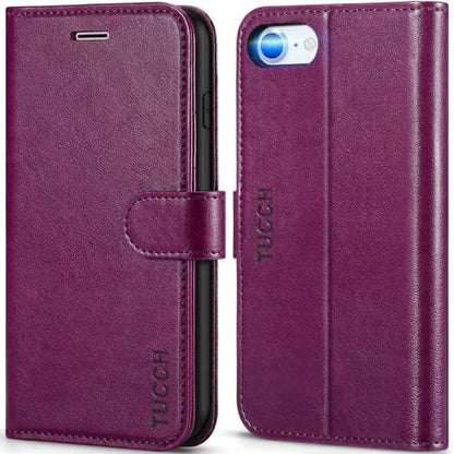 TUCCH Wallet Case for iPhone SE 2022/SE 2020/iPhone 8/7 (4.7"), Plum Purple | 3 Card Holders, Kickstand, PU Leather, Shockproof TPU Shell, Magnetic Closure, Protective Folio Cover - color: Plum Purple
