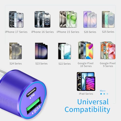 67.5W Purple Car Charger USB C Super Fast for iPhone 18 Pro Max/17/Android - color: Purple, size: 3.3 ft