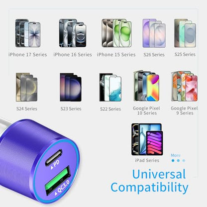 67.5W Purple Car Charger USB C Super Fast for iPhone 18 Pro Max/17/Android - color: Purple, size: 3.3 ft