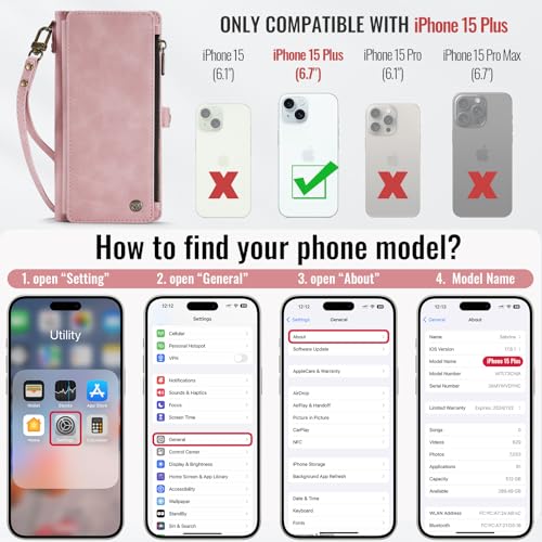 Defencase for iPhone 15 Plus Wallet Case with RFID Card Holder, Rose Pink | Durable Soft PU Leather, with Zipper Pocket, Wrist Strap, Fashion Snap Flip Phone Cases Cover with Stand for Women and Men - color: Pink
