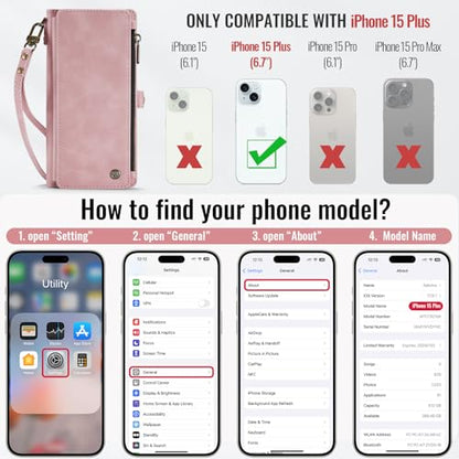 Defencase for iPhone 15 Plus Wallet Case with RFID Card Holder, Rose Pink | Durable Soft PU Leather, with Zipper Pocket, Wrist Strap, Fashion Snap Flip Phone Cases Cover with Stand for Women and Men - color: Pink