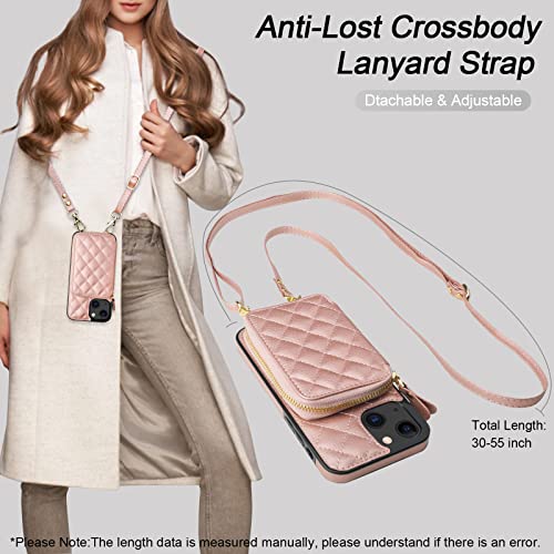 Bocasal Crossbody Wallet Case Card Holder for iPhone 13, Rose Gold | RFID Blocking PU Leather Zipper Handbag Purse, Kickstand Flip Folio Case with Card Slots Holder Wrist Strap Lanyard 6.1 Inch - color: Rose Gold