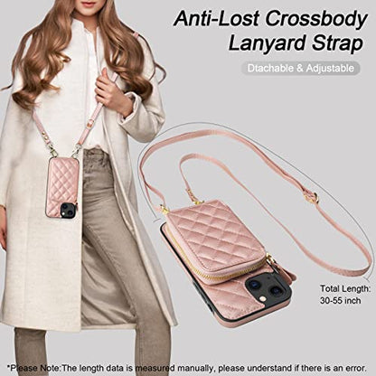 Bocasal Crossbody Wallet Case Card Holder for iPhone 13, Rose Gold | RFID Blocking PU Leather Zipper Handbag Purse, Kickstand Flip Folio Case with Card Slots Holder Wrist Strap Lanyard 6.1 Inch - color: Rose Gold