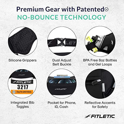 Fitletic Hydration Running Belt with Water Bottles for Men & Women – 2 Quick Flow 8oz Running Water Bottles, Patented Bounce Free Design, Water Resistant Pouch Fits All Phones – Hydra 16 - size: S/M (24"-34"), style: Black