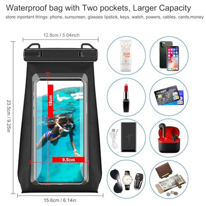 Large Capacity Waterproof Phone Pouch Floating, Waterproof Bag Case for iPhone 15 14 Pro Max 13 12 11 X XR 8 Plus Samsung Up to 6.9'', IPX8 Water Proof Phone Dry Bag for Swimming Kayaking, 1Pack - color: Black,1 Piece