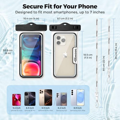 SEAWAG Next Waterproof Phone Pouch, IPX8 Dry Bag for iPhone 16 15 14 13 Pro Max & Samsung Galaxy S25 S24 — Underwater Case, Full Touchscreen, Lanyard, Beach Pool Snorkeling, 2 Pack Black and White - color: 2Pack Black+White