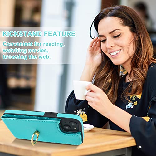 Folosu Compatible with iPhone 14 Plus Case Wallet with Card Holder, 360°Rotation Finger Ring Holder Kickstand, RFID Blocking Leather Protective Double Buttons Shockproof Cover 6.7 Inch Green - color: Mint Green, size: iPhone 14 Plus