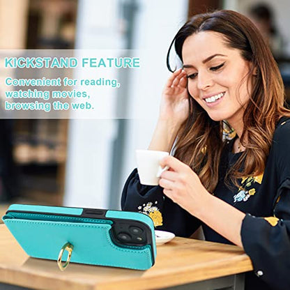 Folosu Compatible with iPhone 14 Plus Case Wallet with Card Holder, 360°Rotation Finger Ring Holder Kickstand, RFID Blocking Leather Protective Double Buttons Shockproof Cover 6.7 Inch Green - color: Mint Green, size: iPhone 14 Plus