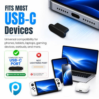 USB C Dust Plugs 10 Pack with Cleaning Brush, Charging Port Covers, Black - color: Black