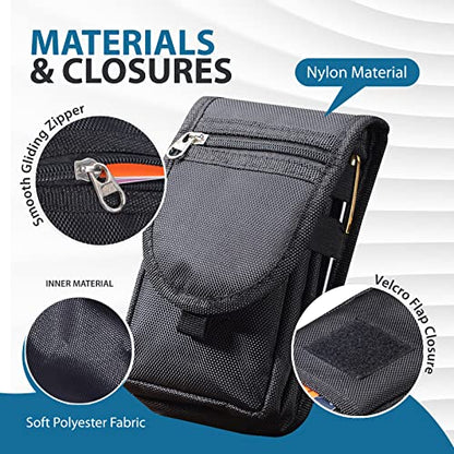 Nylon Multi-Functional Phone Pouch for Outdoor, Work, Travel, Cell Phone Holster Case with Belt Clip, Belt Holder fit for iPhone 17 Pro Max 16/15/14/13 Pro Max Samsung Galaxy S25 Ultra (Black)