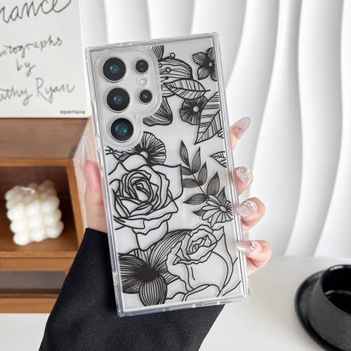 XIZYO for Samsung Galaxy S24 Ultra Case Cute Floral, Transparent Black | Girly Women Flower Rose Clear Aesthetic Pattern, Slim Not-Yellowing TPU Bumper Shockproof Protective Cover - color: Transparent Black, size: for Samsung Galaxy S24 Ultra